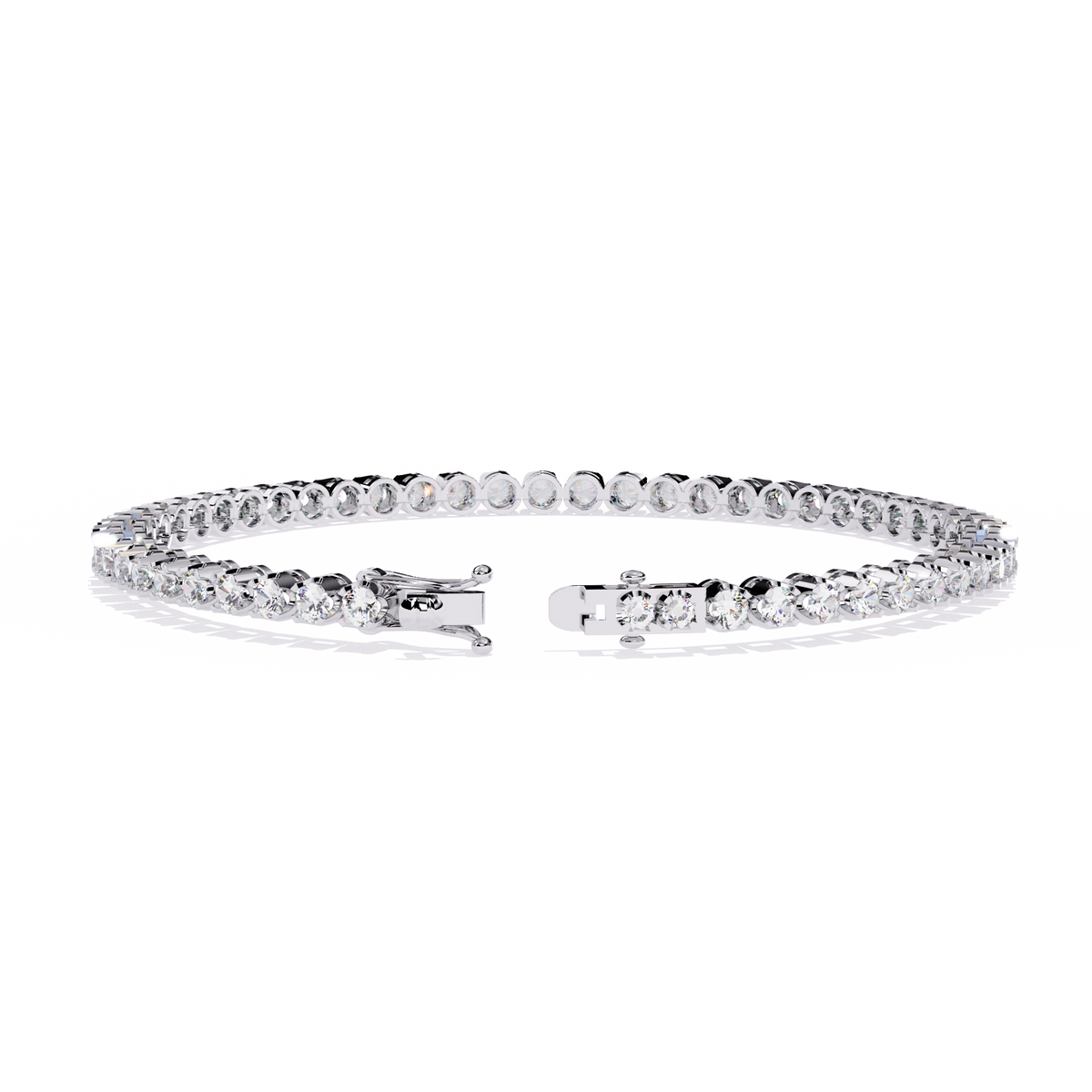 2.6 CTW classic round lab-grown diamond tennis bracelet in White Gold, rear clasp-side flat view – Lunéa Paris