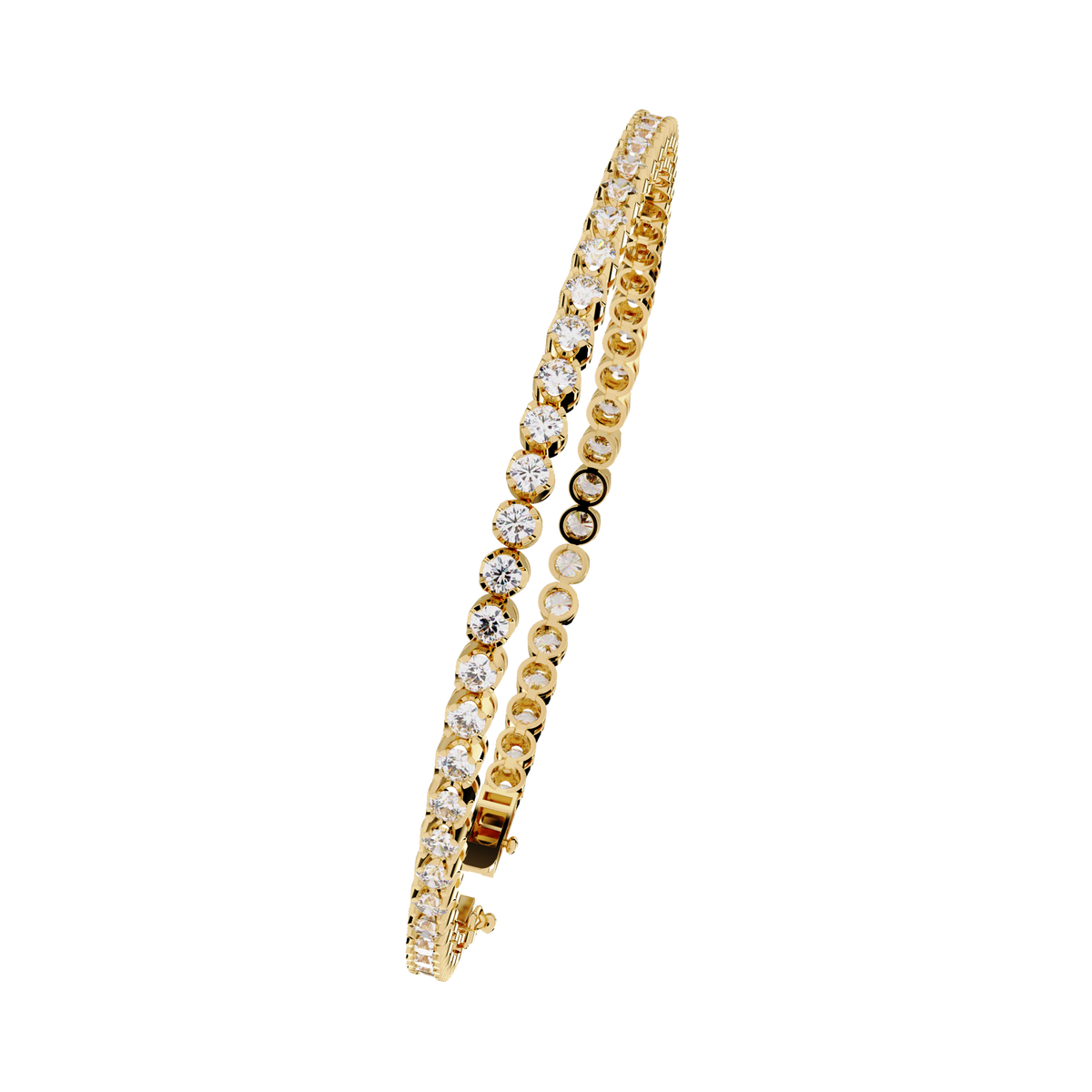 2.6 CTW classic round lab-grown diamond tennis bracelet in Yellow Gold, angled profile view – Lunéa Paris