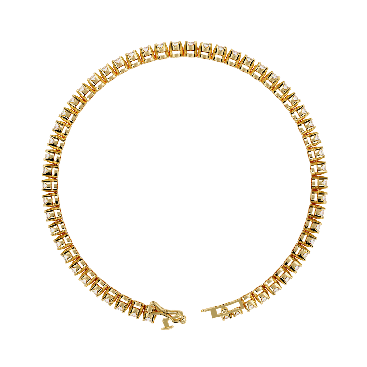 2.6 CTW classic round lab-grown diamond tennis bracelet in Yellow Gold, circular profile showing the clasp – Lunéa Paris