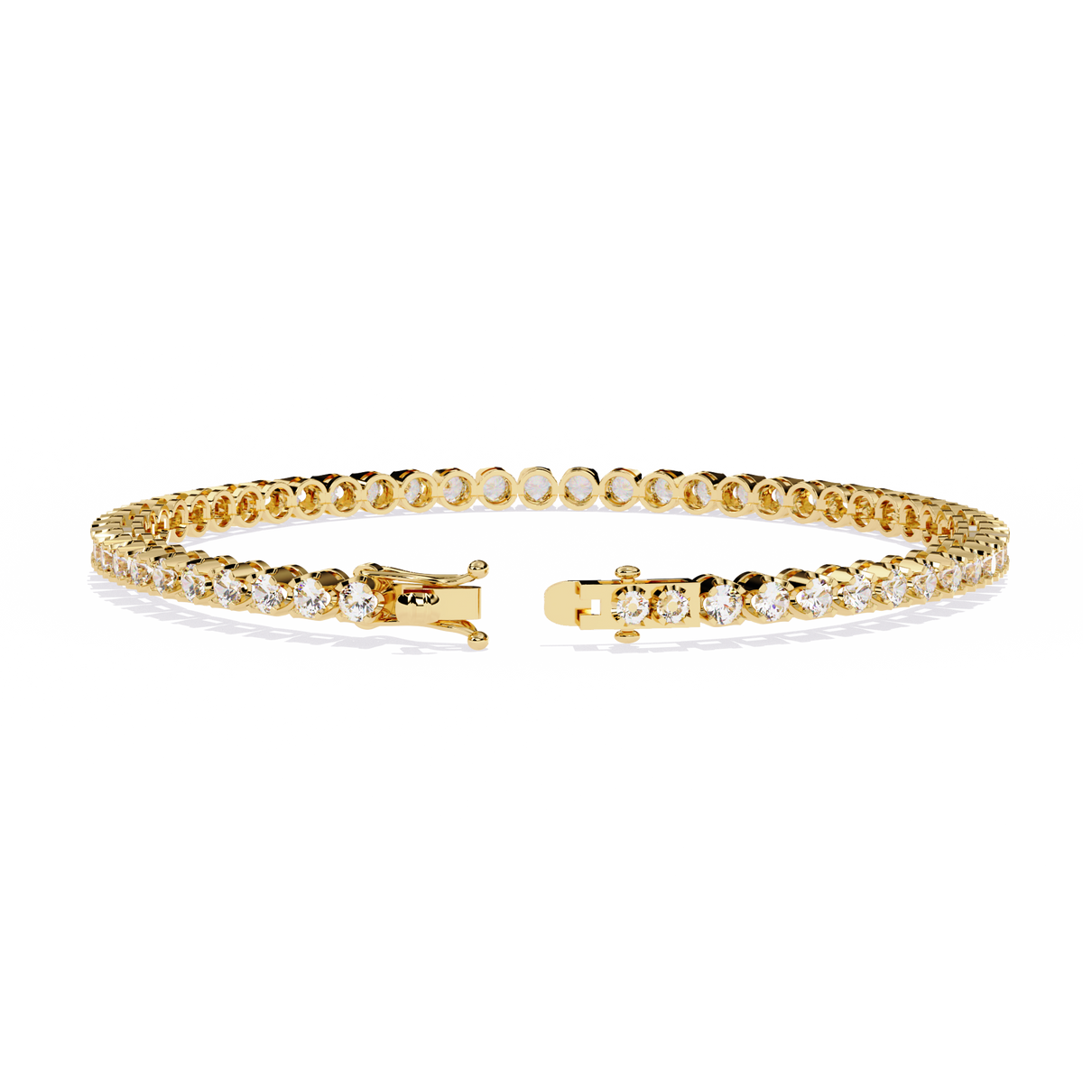2.6 CTW classic round lab-grown diamond tennis bracelet in Yellow Gold, rear clasp-side flat view – Lunéa Paris
