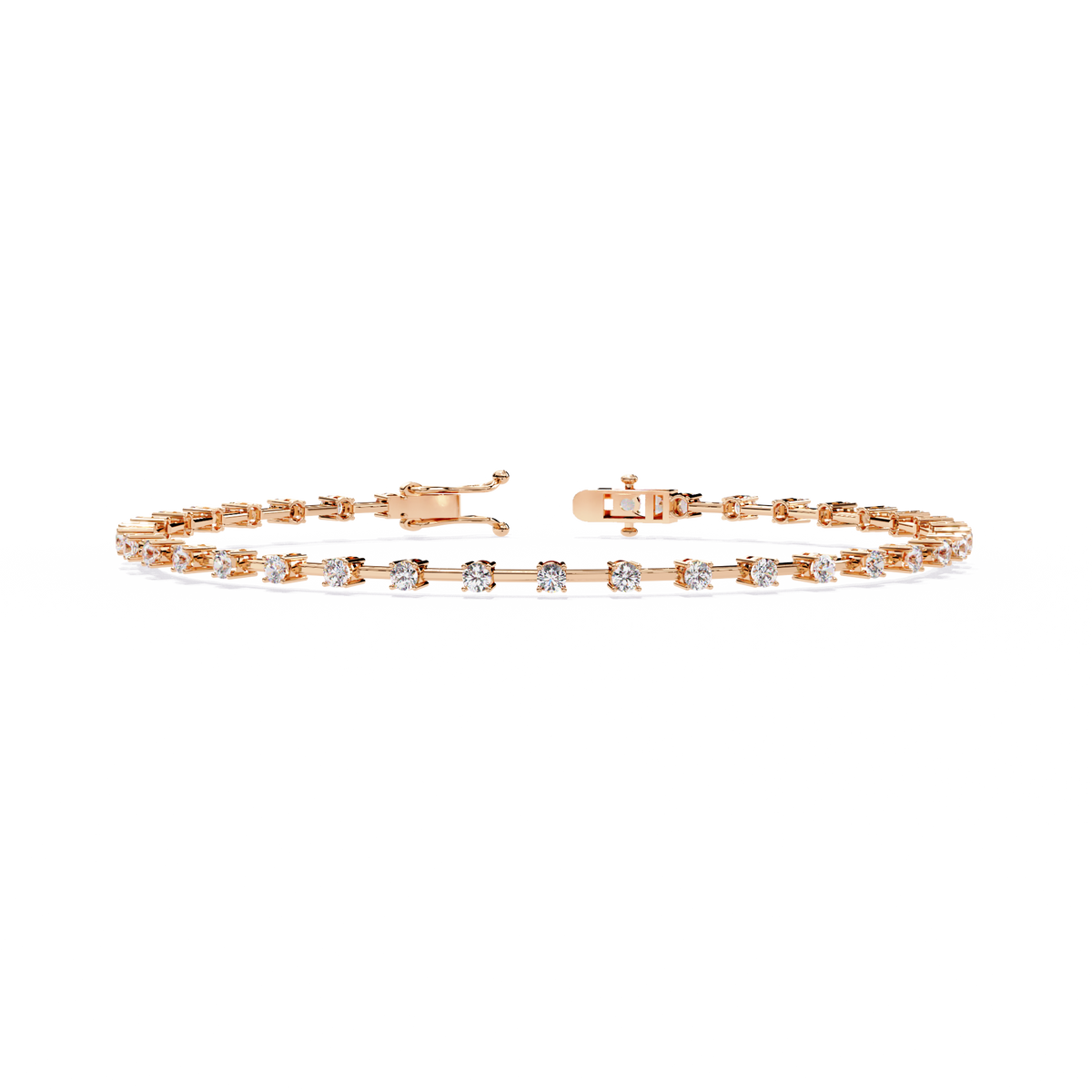 1.0 CTW classic round lab-grown diamond tennis bracelet in Rose Gold, front-facing flat view – Lunéa Paris