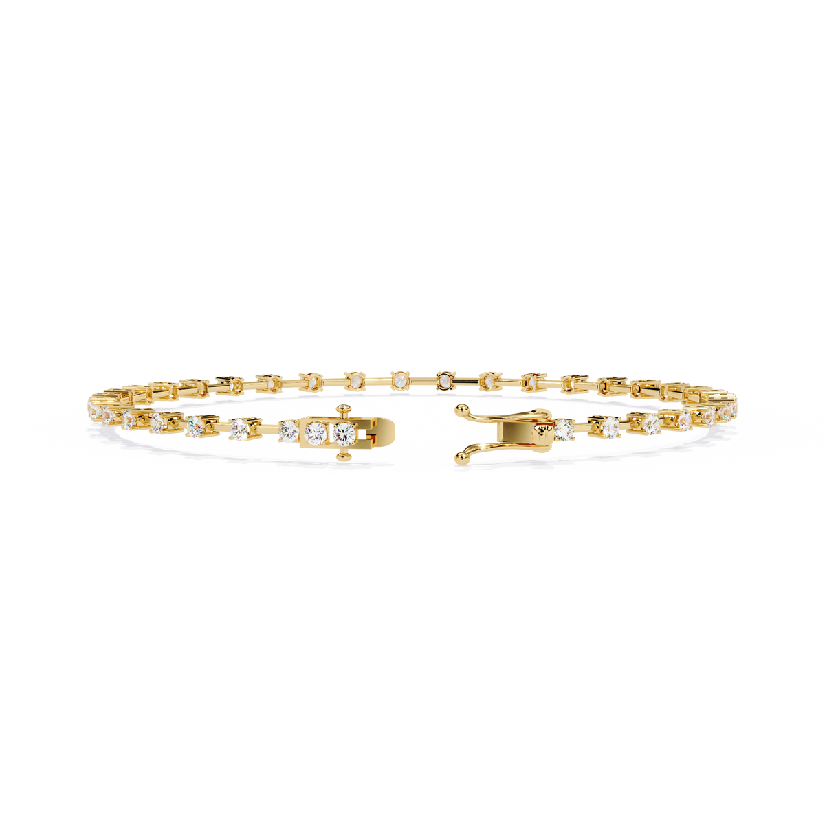 1.0 CTW classic round lab-grown diamond tennis bracelet in Yellow Gold, rear clasp-side flat view – Lunéa Paris