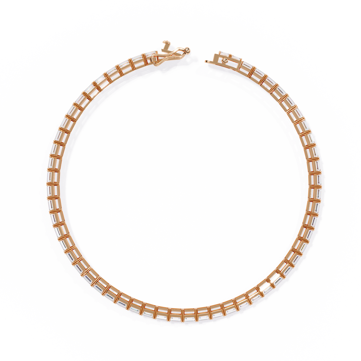 3.5 CTW emerald-cut lab-grown diamond tennis bracelet in Rose Gold, circular profile showing the clasp – Lunéa Paris