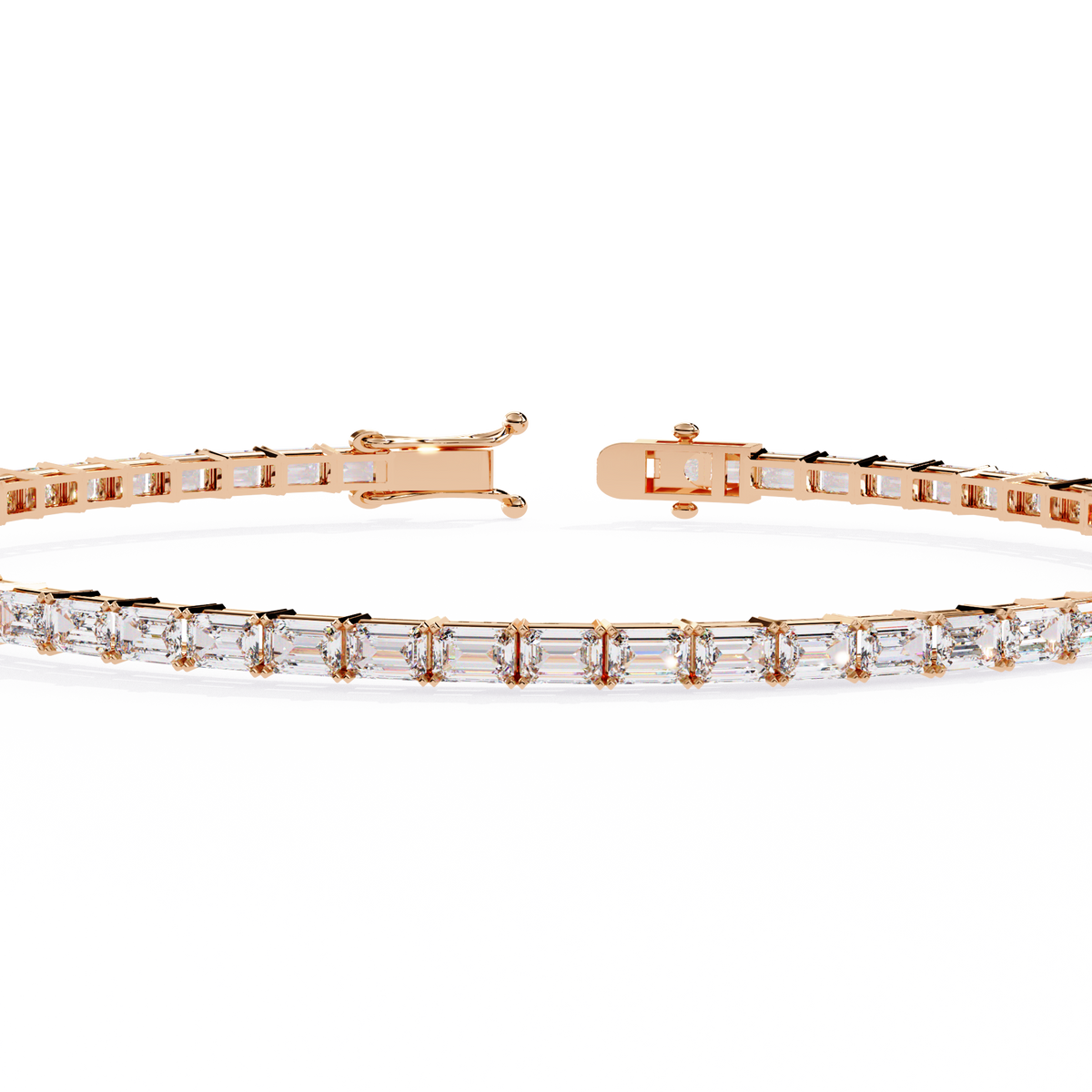 3.5 CTW emerald-cut lab-grown diamond tennis bracelet in Rose Gold, close front detail – Lunéa Paris