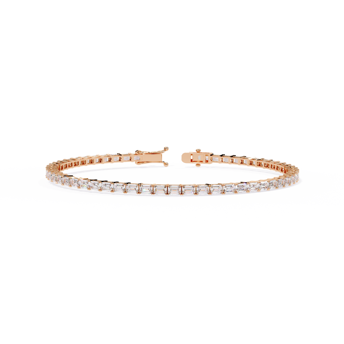 3.5 CTW emerald-cut lab-grown diamond tennis bracelet in Rose Gold, front-facing flat view – Lunéa Paris