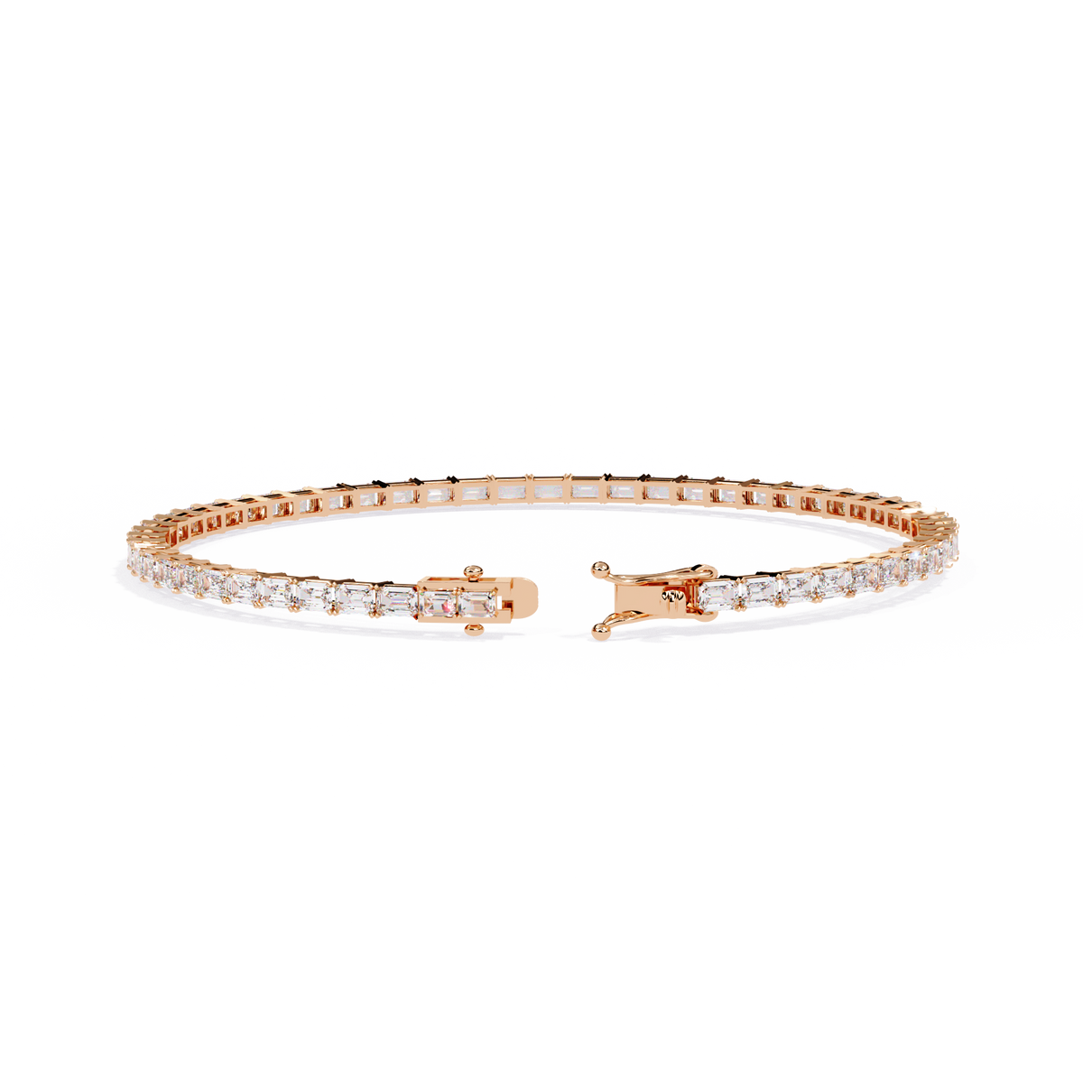 3.5 CTW emerald-cut lab-grown diamond tennis bracelet in Rose Gold, rear clasp-side flat view – Lunéa Paris