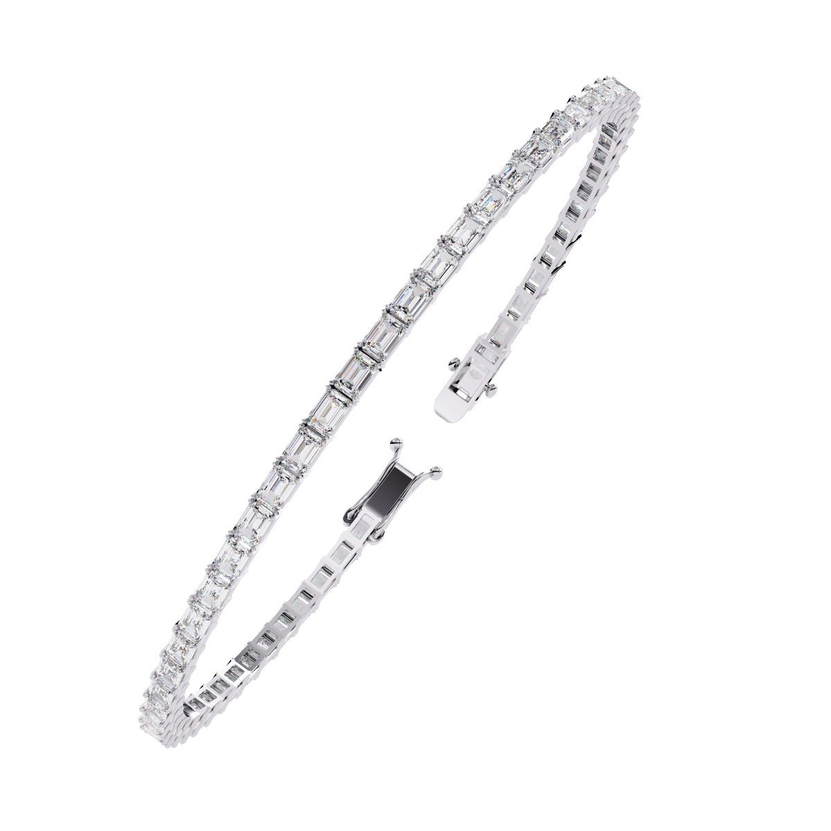 3.5 CTW emerald-cut lab-grown diamond tennis bracelet in White Gold, angled profile view – Lunéa Paris