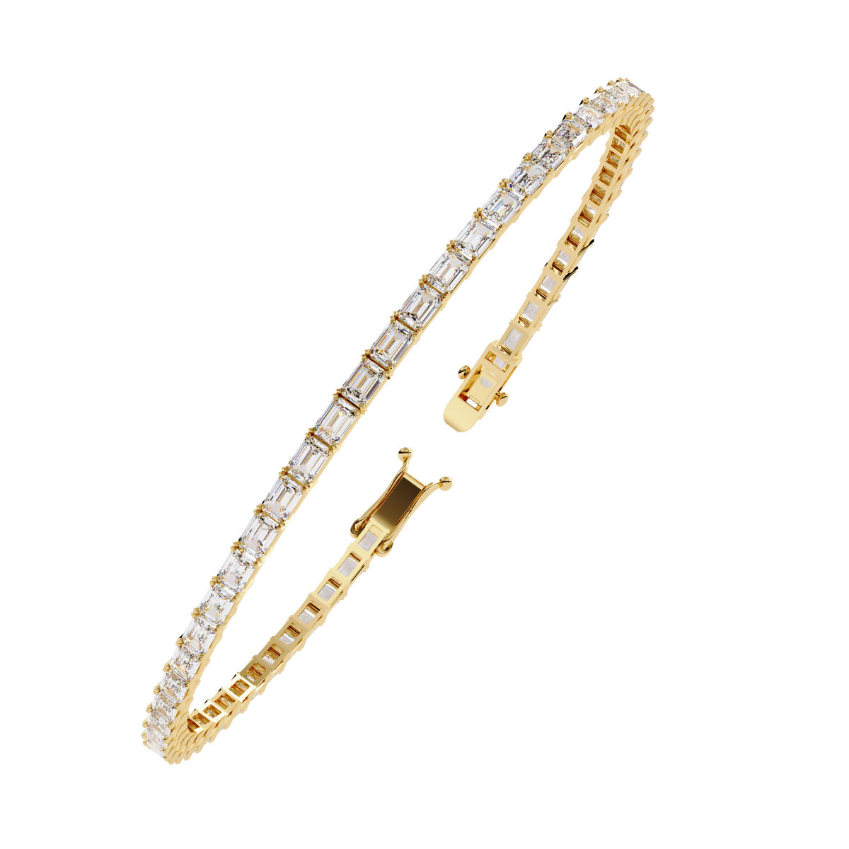 3.5 CTW emerald-cut lab-grown diamond tennis bracelet in Yellow Gold, angled profile view – Lunéa Paris
