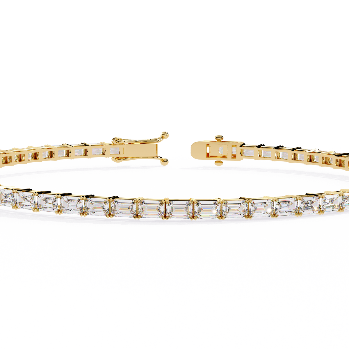 3.5 CTW emerald-cut lab-grown diamond tennis bracelet in Yellow Gold, close front detail – Lunéa Paris