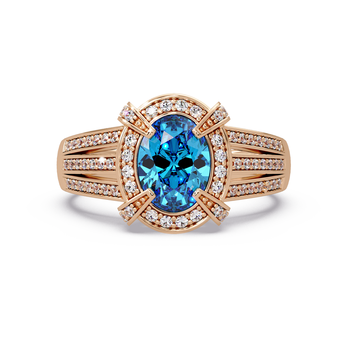 1.6 CTW Oval Triple-Row Pavé Halo Colorstone Ring with Aquamarine Blue center in 14K Rose Gold – Lunéa Paris