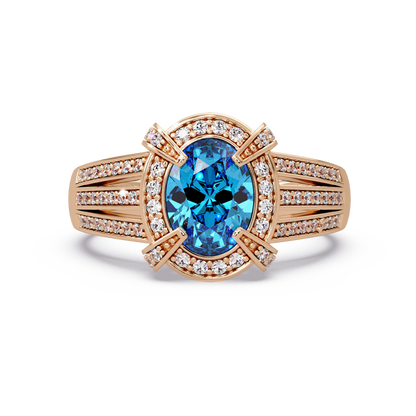 1.6 CTW Oval Triple-Row Pavé Halo Colorstone Ring with Aquamarine Blue center in 14K Rose Gold – Lunéa Paris