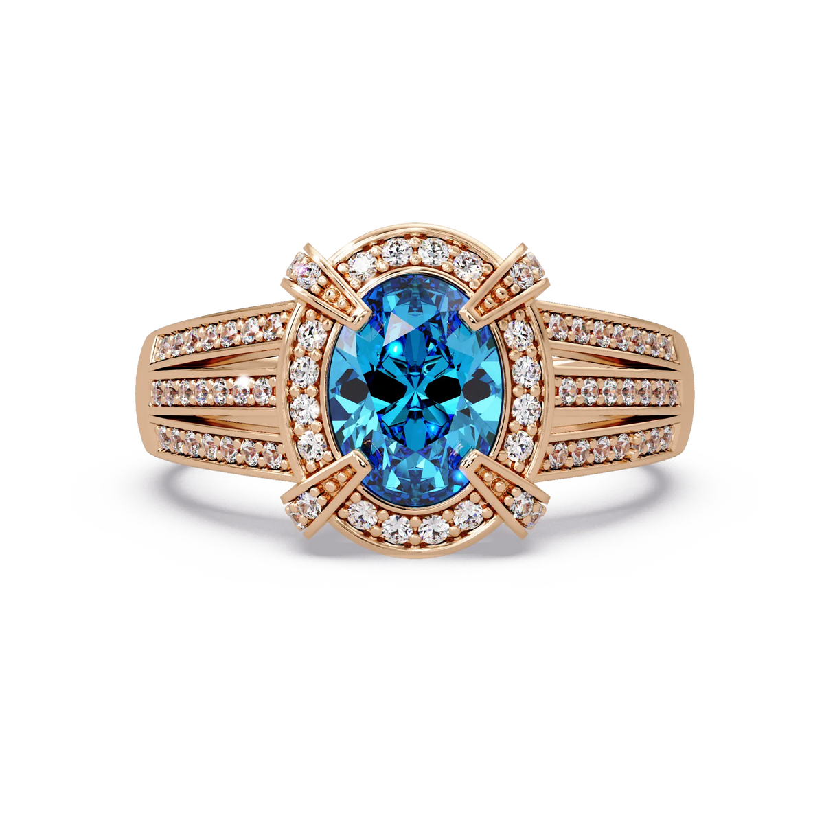 1.6 CTW Oval Triple-Row Pavé Halo Colorstone Ring with Aquamarine Blue center in 14K Rose Gold – Lunéa Paris