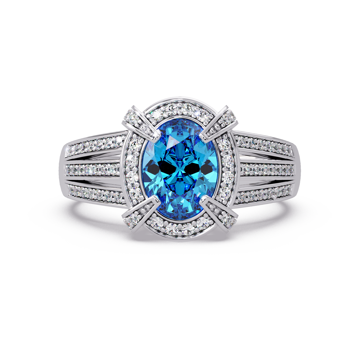 1.6 CTW Oval Triple-Row Pavé Halo Colorstone Ring with Aquamarine Blue center in 14K White Gold – Lunéa Paris