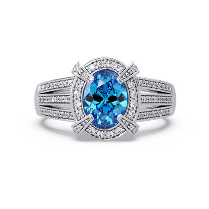 1.6 CTW Oval Triple-Row Pavé Halo Colorstone Ring with Aquamarine Blue center in 14K White Gold – Lunéa Paris