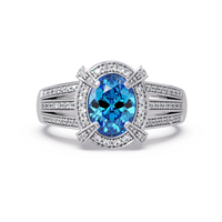 1.6 CTW Oval Triple-Row Pavé Halo Colorstone Ring with Aquamarine Blue center in 14K White Gold – Lunéa Paris
