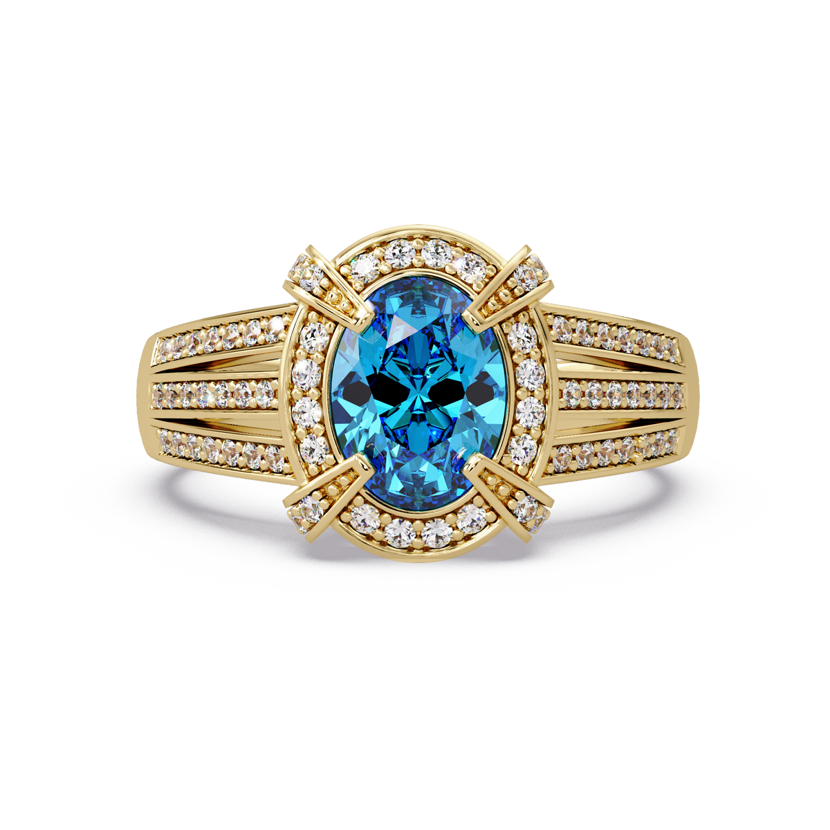 1.6 CTW Oval Triple-Row Pavé Halo Colorstone Ring with Aquamarine Blue center in 14K Yellow Gold – Lunéa Paris
