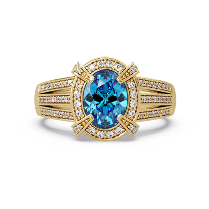 1.6 CTW Oval Triple-Row Pavé Halo Colorstone Ring with Aquamarine Blue center in 14K Yellow Gold – Lunéa Paris