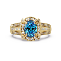 1.6 CTW Oval Triple-Row Pavé Halo Colorstone Ring with Aquamarine Blue center in 14K Yellow Gold – Lunéa Paris