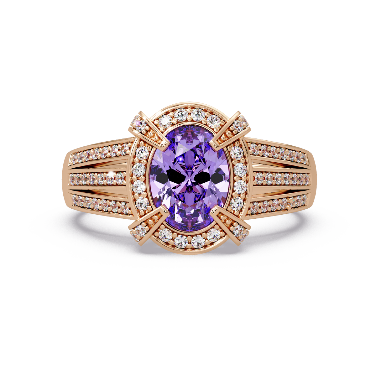 1.6 CTW Oval Triple-Row Pavé Halo Colorstone Ring with Amethyst Purple center in 14K Rose Gold – Lunéa Paris