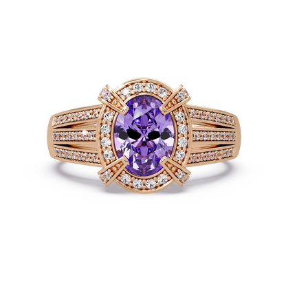 1.6 CTW Oval Triple-Row Pavé Halo Colorstone Ring with Amethyst Purple center in 14K Rose Gold – Lunéa Paris
