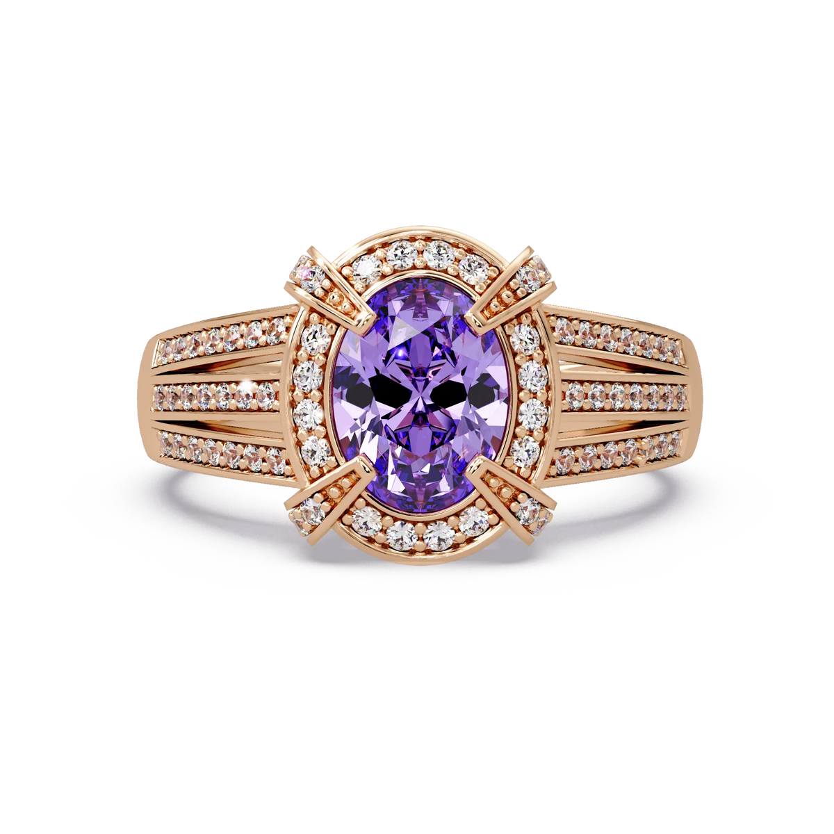 1.6 CTW Oval Triple-Row Pavé Halo Colorstone Ring with Amethyst Purple center in 14K Rose Gold – Lunéa Paris