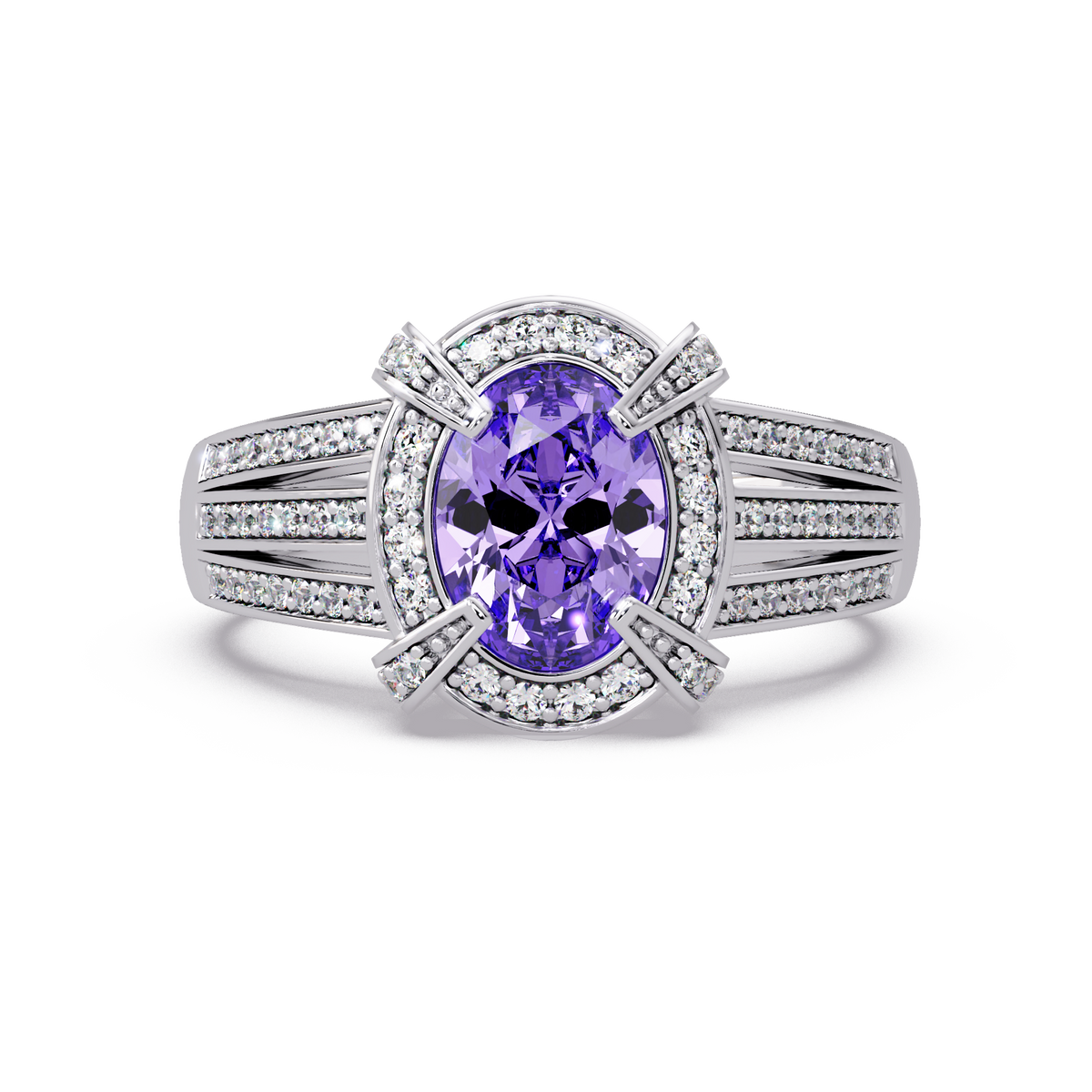 1.6 CTW Oval Triple-Row Pavé Halo Colorstone Ring with Amethyst Purple center in 14K White Gold – Lunéa Paris