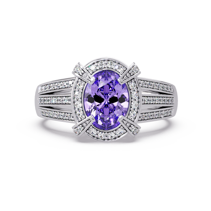 1.6 CTW Oval Triple-Row Pavé Halo Colorstone Ring with Amethyst Purple center in 14K White Gold – Lunéa Paris