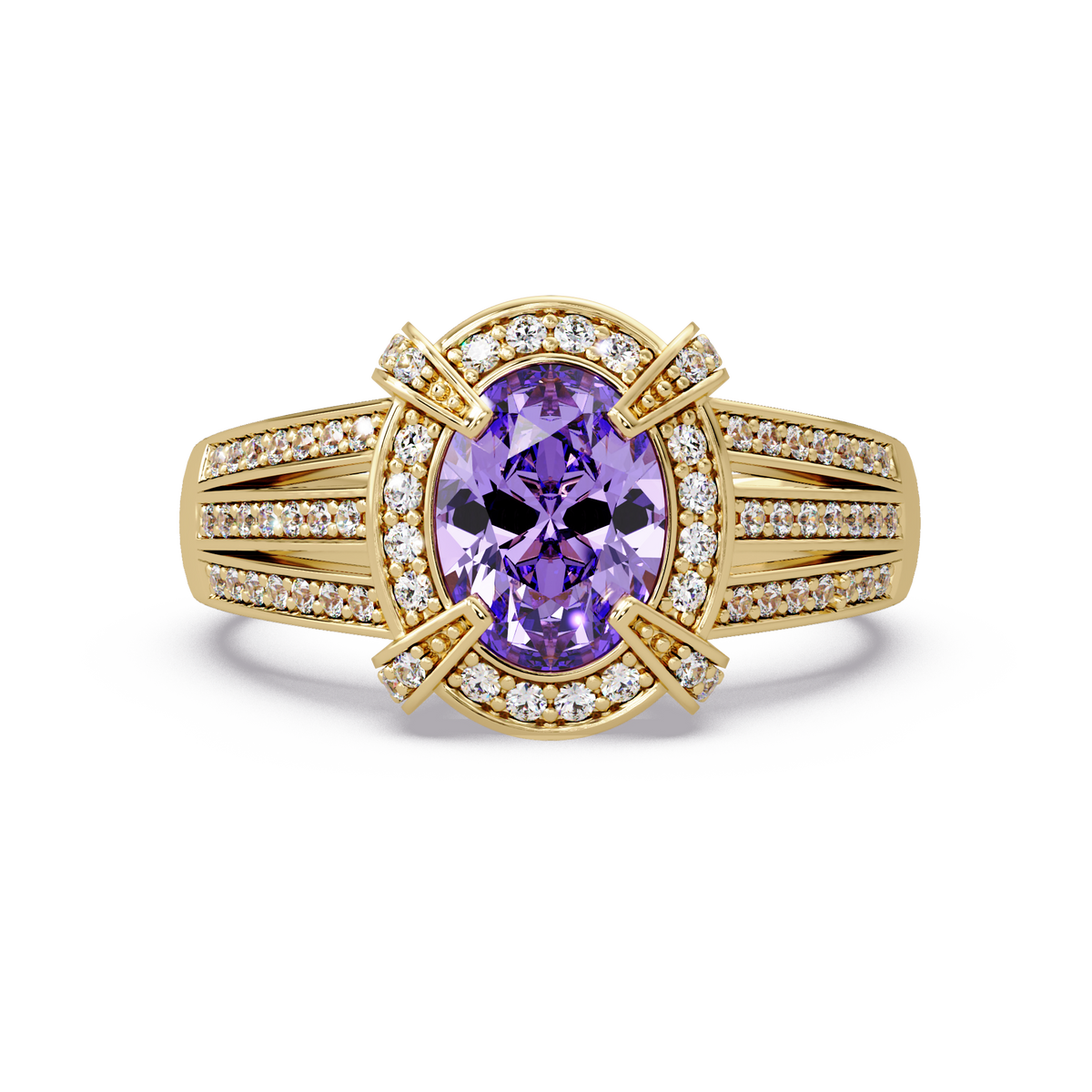1.6 CTW Oval Triple-Row Pavé Halo Colorstone Ring with Amethyst Purple center in 14K Yellow Gold – Lunéa Paris