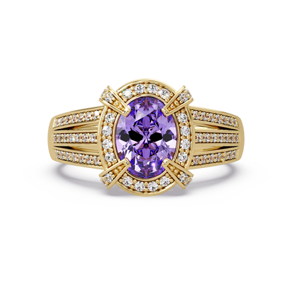 1.6 CTW Oval Triple-Row Pavé Halo Colorstone Ring with Amethyst Purple center in 14K Yellow Gold – Lunéa Paris