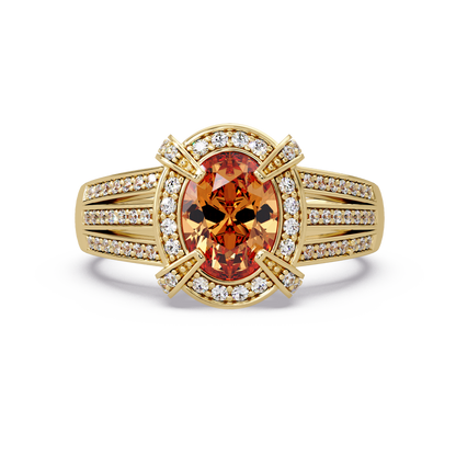 1.6 CTW Oval Triple-Row Pavé Halo Colorstone Ring with Champagne Topaz center in 14K Yellow Gold – Lunéa Paris