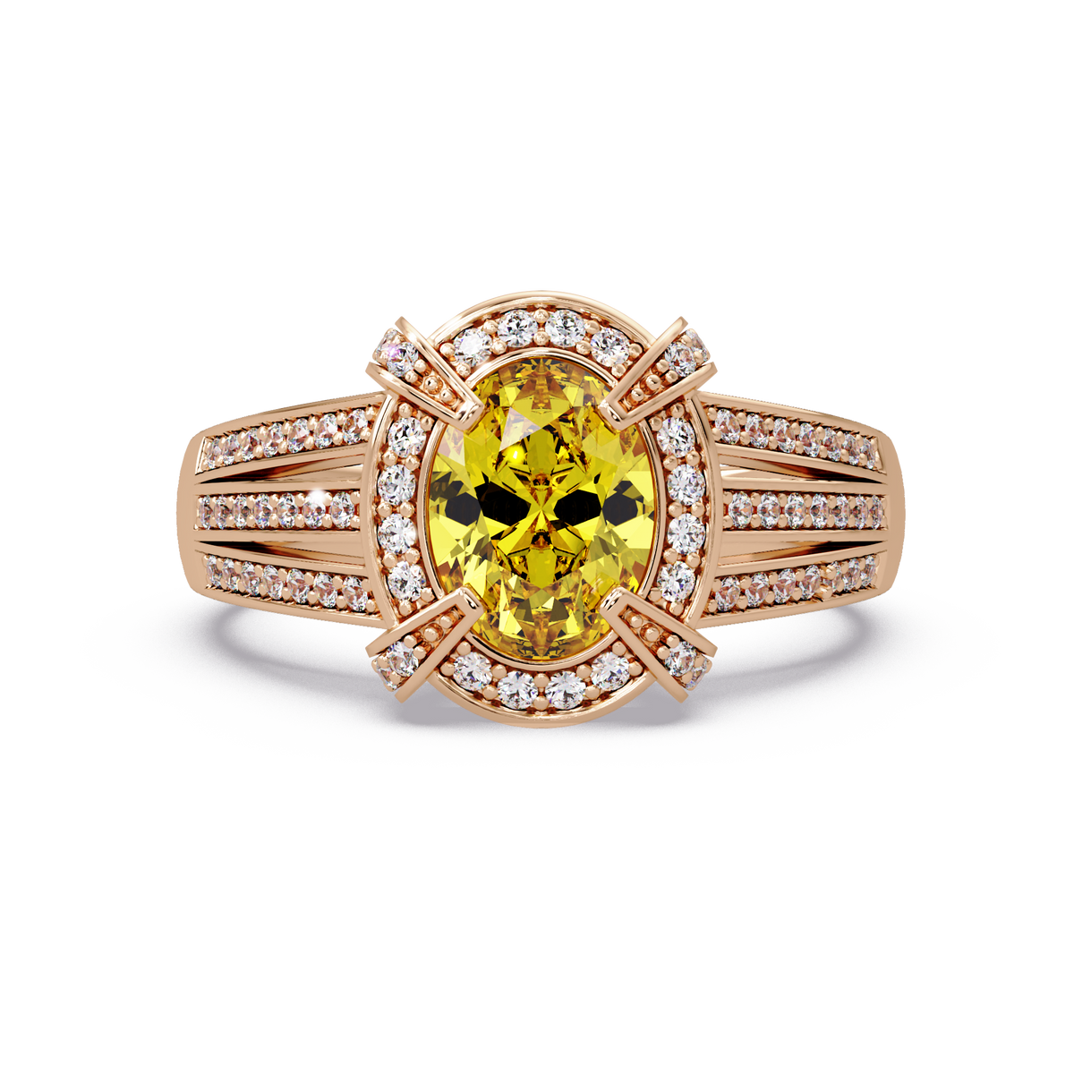 1.6 CTW Oval Triple-Row Pavé Halo Colorstone Ring with Citrine Yellow center in 14K Rose Gold – Lunéa Paris