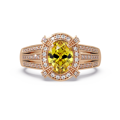 1.6 CTW Oval Triple-Row Pavé Halo Colorstone Ring with Citrine Yellow center in 14K Rose Gold – Lunéa Paris