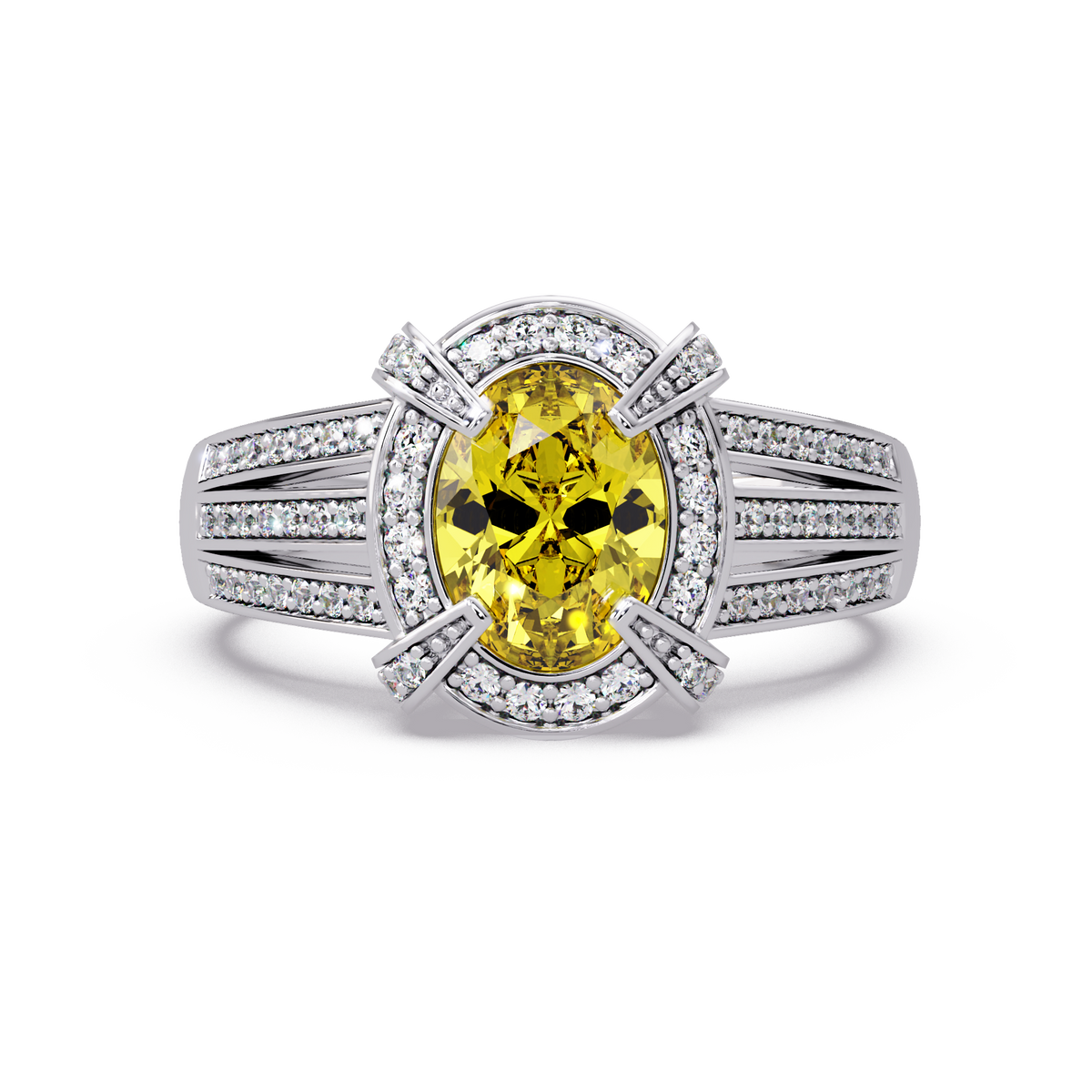 1.6 CTW Oval Triple-Row Pavé Halo Colorstone Ring with Citrine Yellow center in 14K White Gold – Lunéa Paris