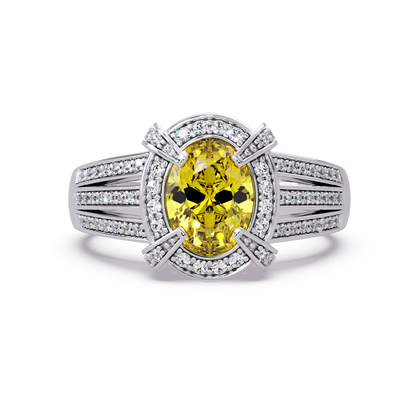 1.6 CTW Oval Triple-Row Pavé Halo Colorstone Ring with Citrine Yellow center in 14K White Gold – Lunéa Paris