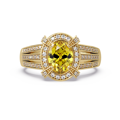 1.6 CTW Oval Triple-Row Pavé Halo Colorstone Ring with Citrine Yellow center in 14K Yellow Gold – Lunéa Paris