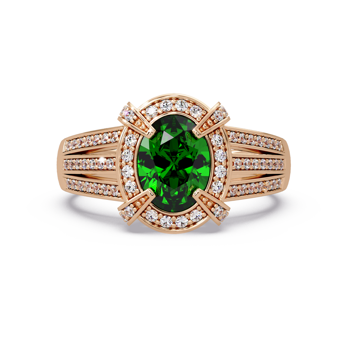 1.6 CTW Oval Triple-Row Pavé Halo Colorstone Ring with Emerald Green center in 14K Rose Gold – Lunéa Paris