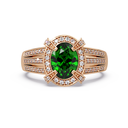 1.6 CTW Oval Triple-Row Pavé Halo Colorstone Ring with Emerald Green center in 14K Rose Gold – Lunéa Paris
