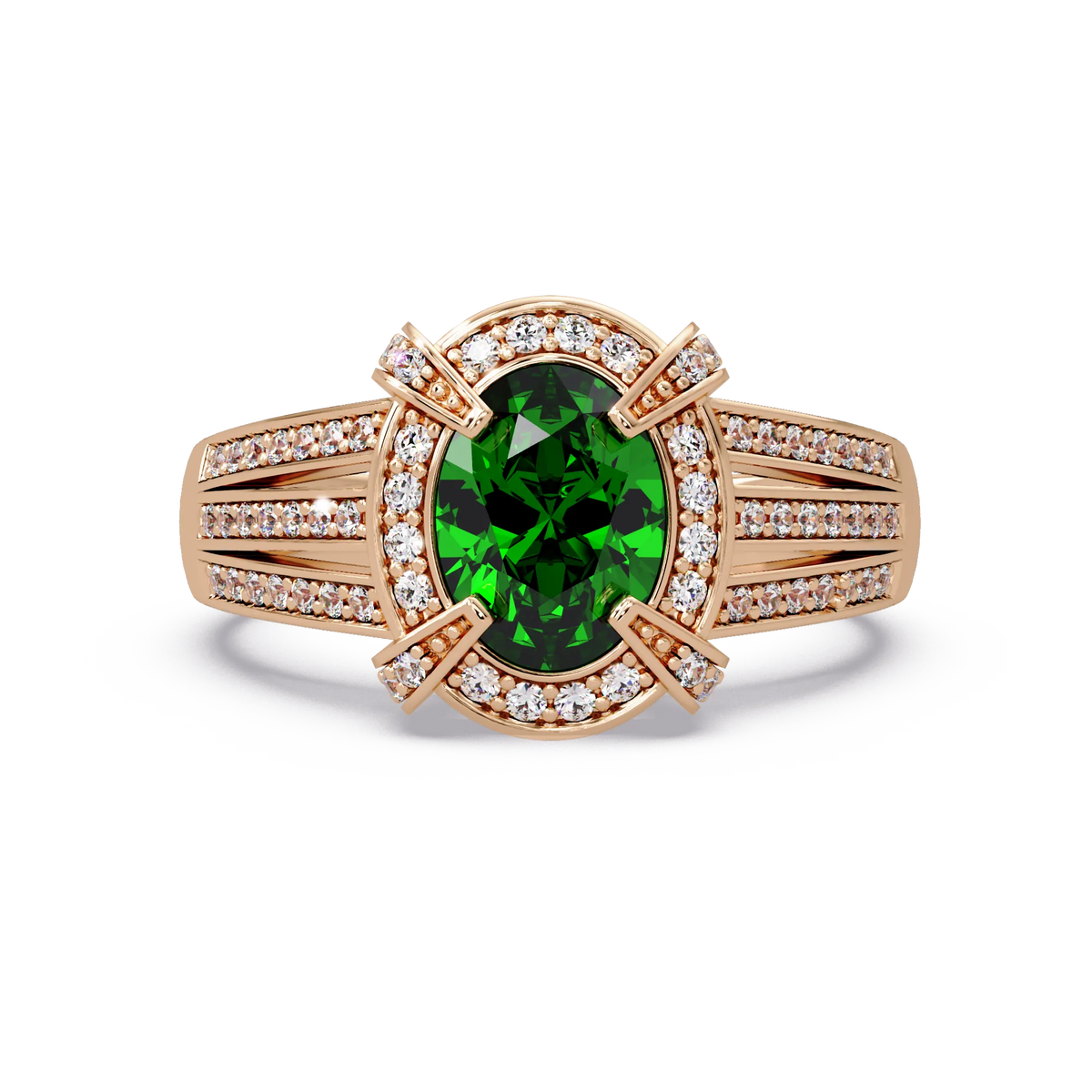1.6 CTW Oval Triple-Row Pavé Halo Colorstone Ring with Emerald Green center in 14K Rose Gold – Lunéa Paris