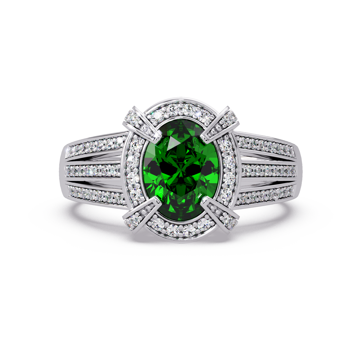 1.6 CTW Oval Triple-Row Pavé Halo Colorstone Ring with Emerald Green center in 14K White Gold – Lunéa Paris
