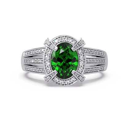 1.6 CTW Oval Triple-Row Pavé Halo Colorstone Ring with Emerald Green center in 14K White Gold – Lunéa Paris