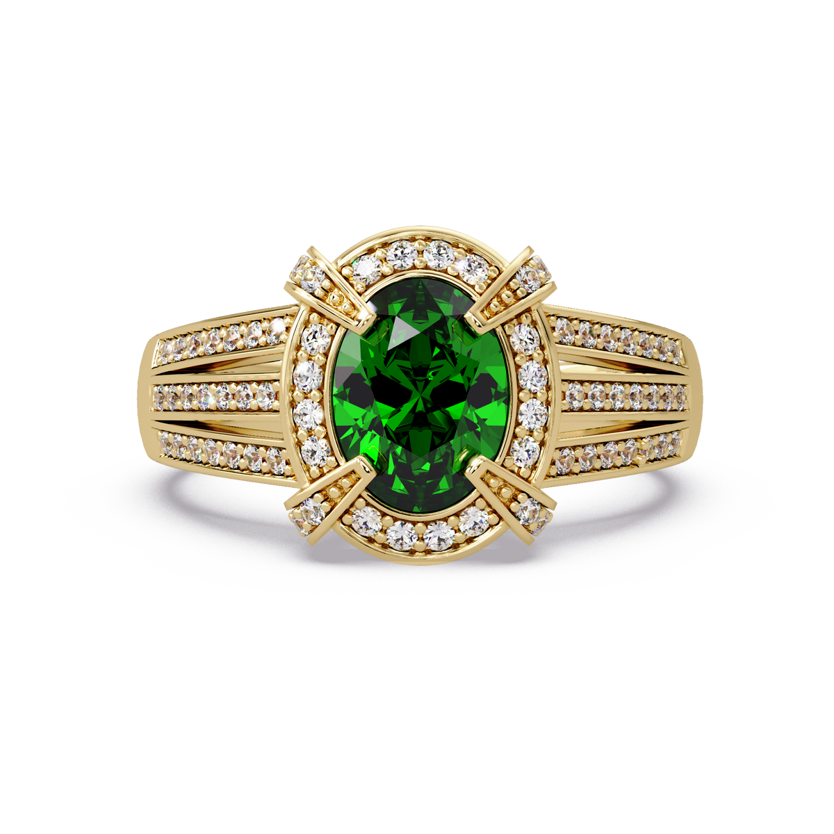 1.6 CTW Oval Triple-Row Pavé Halo Colorstone Ring with Emerald Green center in 14K Yellow Gold – Lunéa Paris