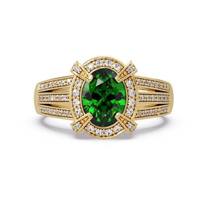 1.6 CTW Oval Triple-Row Pavé Halo Colorstone Ring with Emerald Green center in 14K Yellow Gold – Lunéa Paris