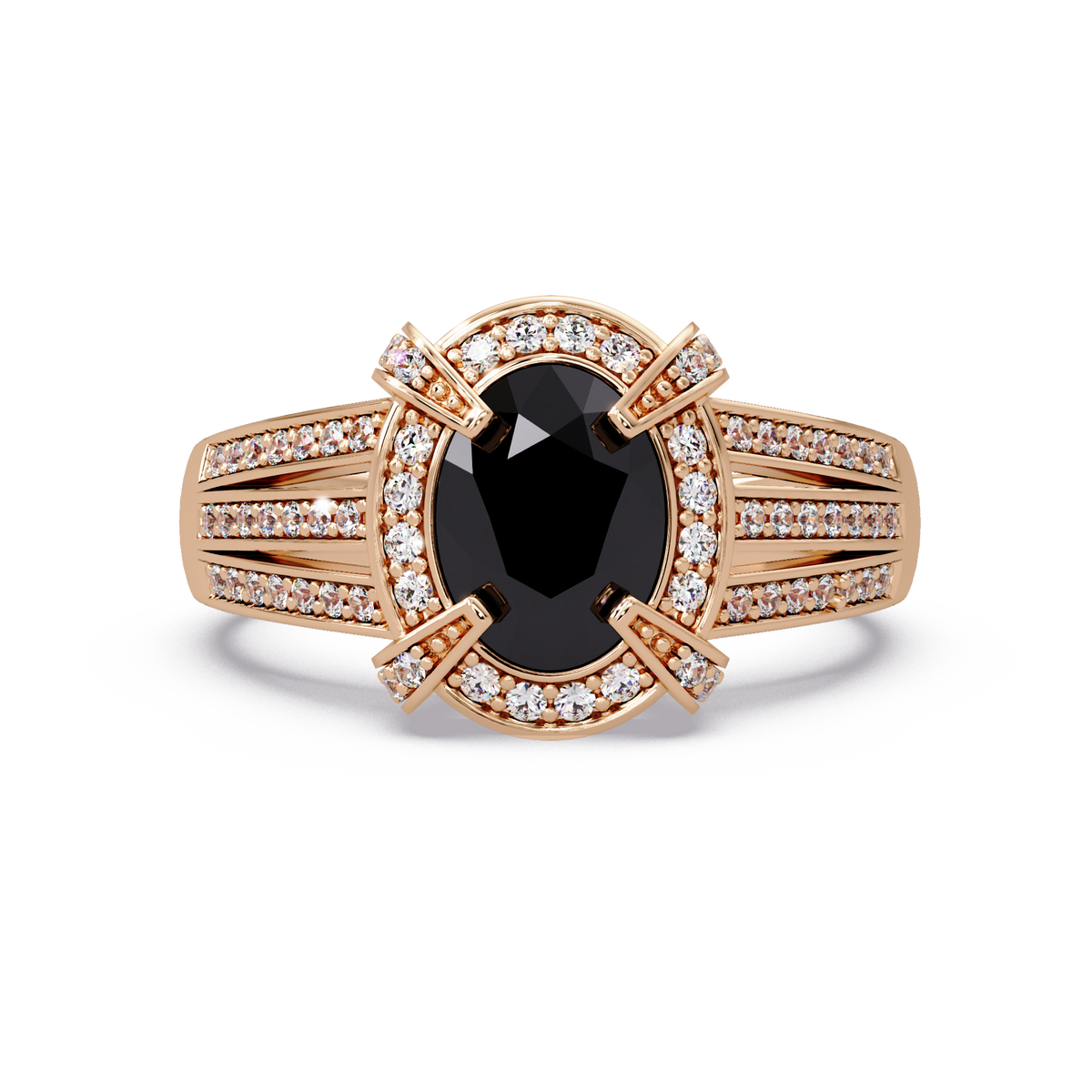 1.6 CTW Oval Triple-Row Pavé Halo Colorstone Ring with Onyx center in 14K Rose Gold – Lunéa Paris
