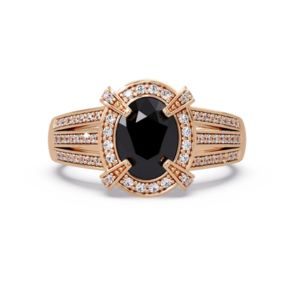 1.6 CTW Oval Triple-Row Pavé Halo Colorstone Ring with Onyx center in 14K Rose Gold – Lunéa Paris