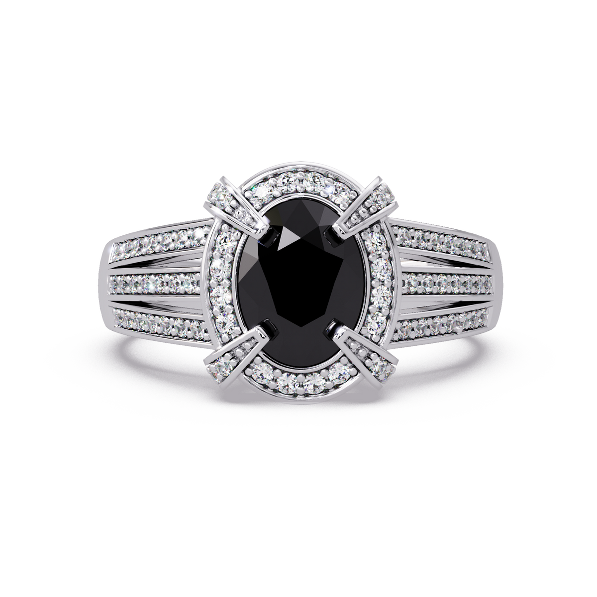 1.6 CTW Oval Triple-Row Pavé Halo Colorstone Ring with Onyx center in 14K White Gold – Lunéa Paris