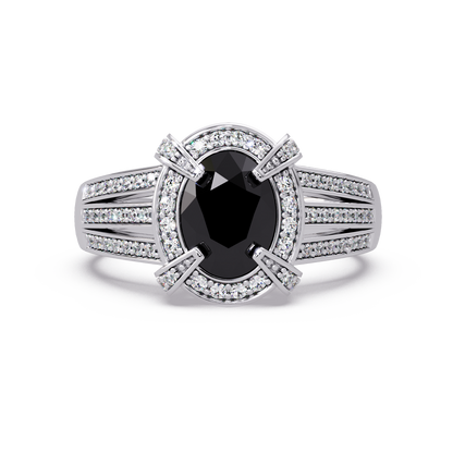 1.6 CTW Oval Triple-Row Pavé Halo Colorstone Ring with Onyx center in 14K White Gold – Lunéa Paris