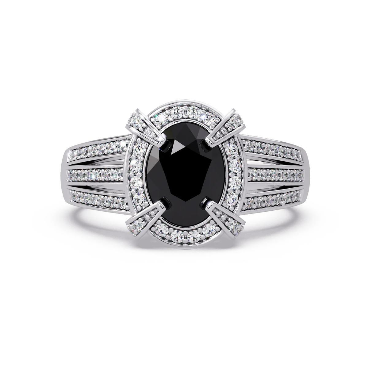 1.6 CTW Oval Triple-Row Pavé Halo Colorstone Ring with Onyx center in 14K White Gold – Lunéa Paris