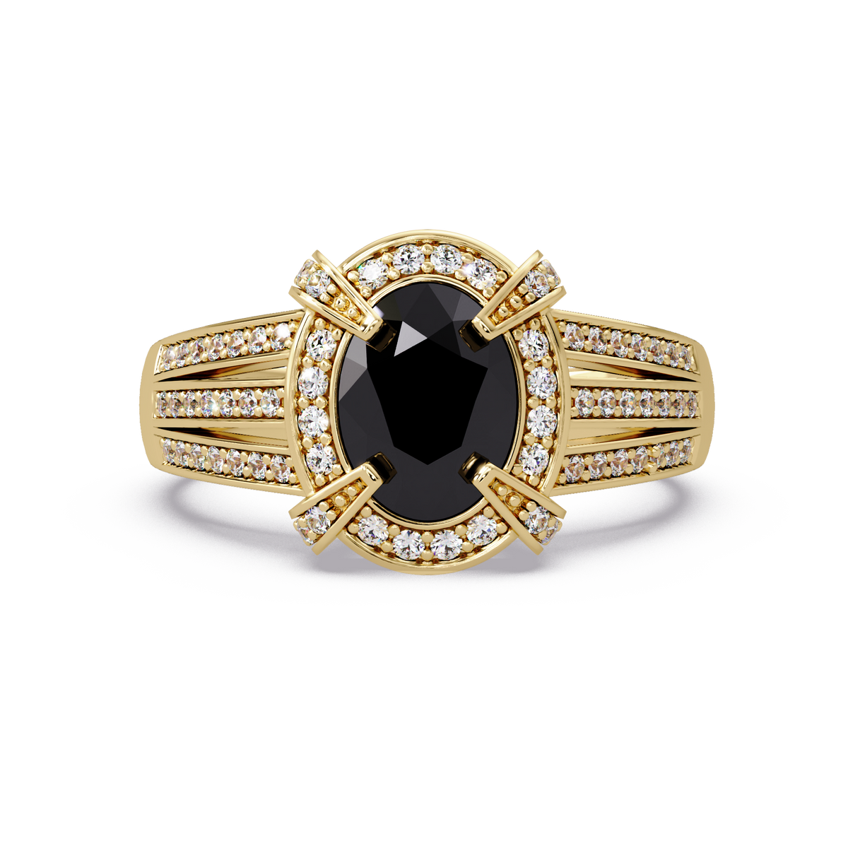 1.6 CTW Oval Triple-Row Pavé Halo Colorstone Ring with Onyx center in 14K Yellow Gold – Lunéa Paris