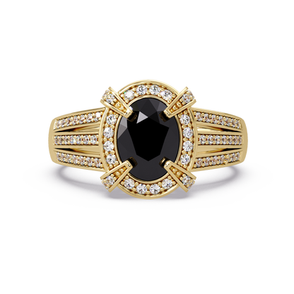 1.6 CTW Oval Triple-Row Pavé Halo Colorstone Ring with Onyx center in 14K Yellow Gold – Lunéa Paris