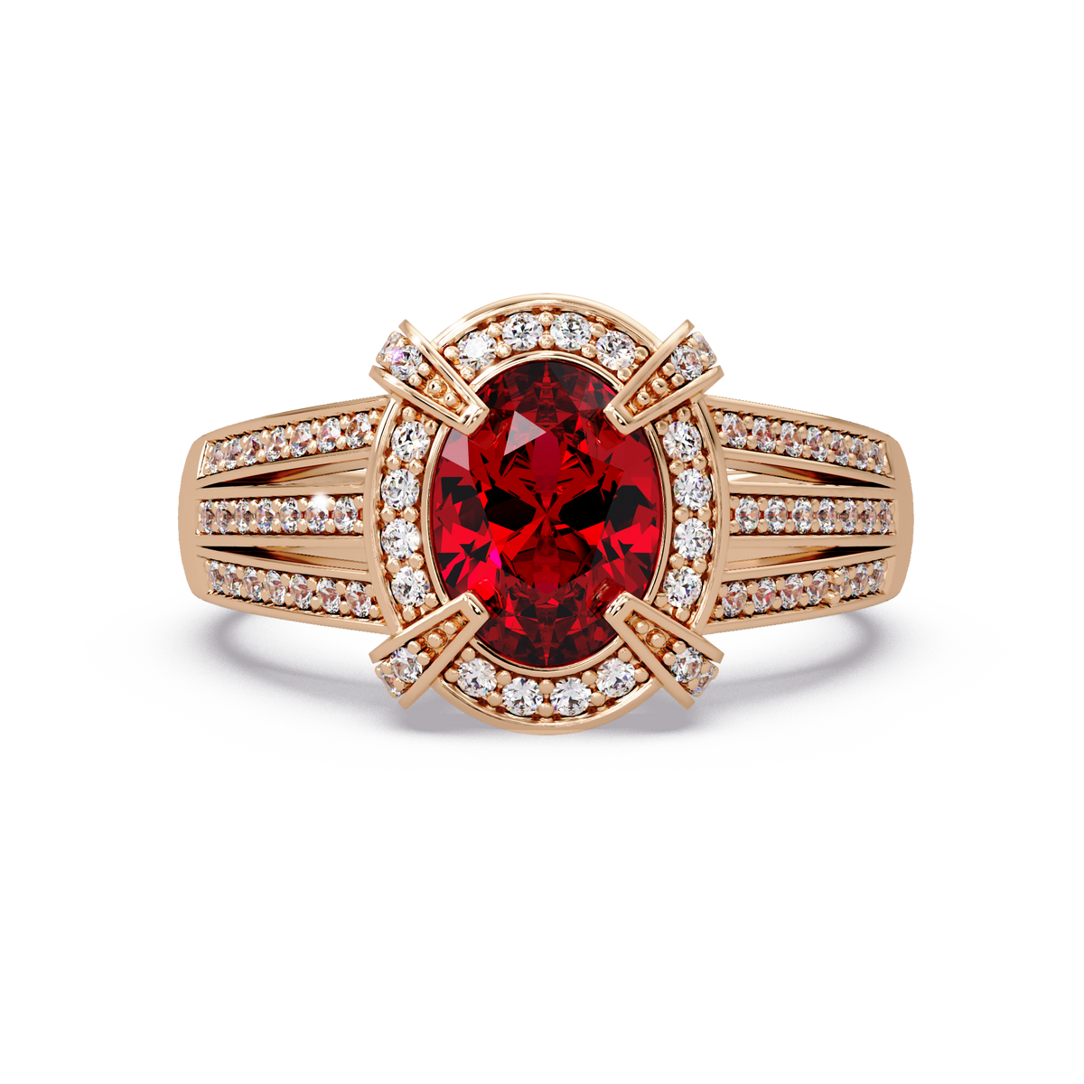 1.6 CTW Oval Triple-Row Pavé Halo Colorstone Ring with Ruby Red center in 14K Rose Gold – Lunéa Paris